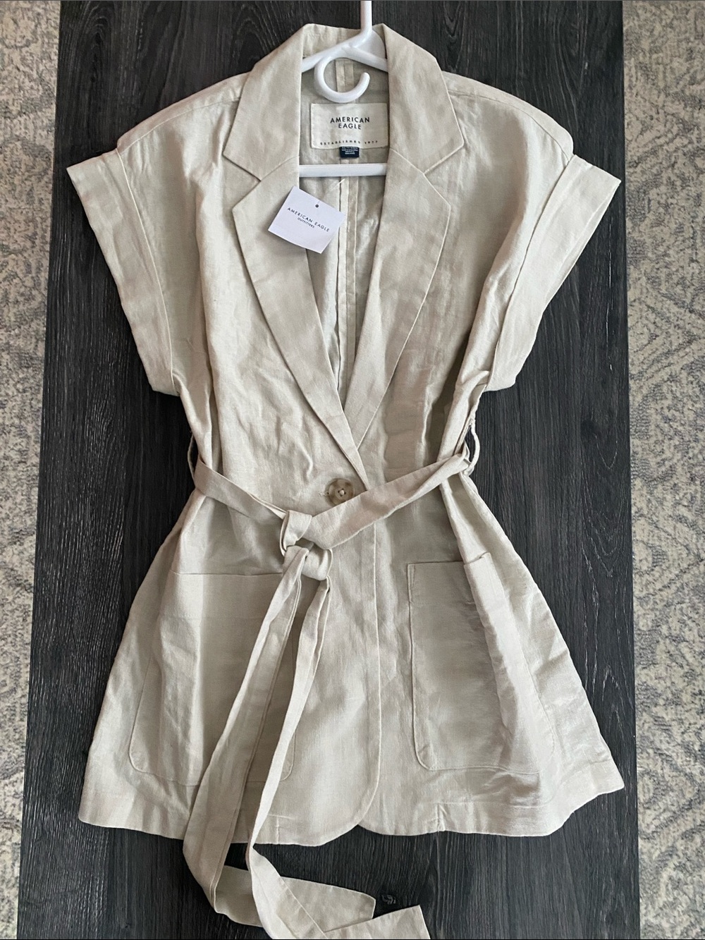 American Eagle Beige Linen Tie-Waist Blazer